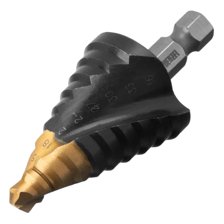 Сверло ступенчатое Denzel 723605, 9-12-15-18-21-24-27-30-33-36 мм, Р6М5, 6-гр. хвостовик купить в Магнитогорске