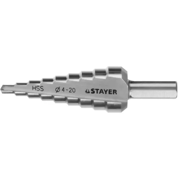 Сверло STAYER "MASTER" ступенчатое по сталям и цвет.мет., сталь HSS, d=4-20мм, 9ступ.d 4-20, L-75 мм,трехгран. хвост. 8мм 29660-4-20-9 купить в Магнитогорске