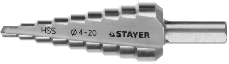 Сверло STAYER "MASTER" ступенчатое по сталям и цвет.мет., сталь HSS, d=4-20мм, 9ступ.d 4-20, L-75 мм,трехгран. хвост. 8мм 29660-4-20-9 купить в Магнитогорске