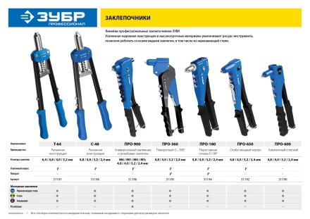 Двуручные заклепочники ЗУБР Т-48 серия ПРОФЕССИОНАЛ купить в Магнитогорске