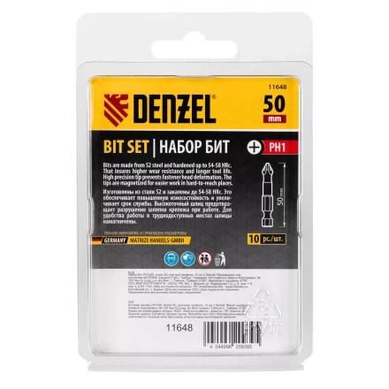 Бита PH1х50, сталь S2, цилиндр., 10 шт. Е 6,3 Denzel 11648 купить в Магнитогорске
