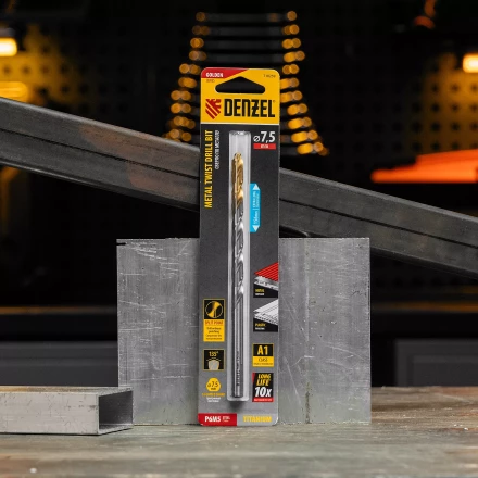 Сверло спиральное по металлу Denzel, 7,5 х 156 мм, Р6М5, Golden Tip, удлиненное, 718259 купить в Магнитогорске