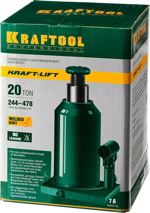 Домкрат гидравлический бутылочный "Kraft-Lift", сварной, 20т, 244-478мм, KRAFTOOL 43462-20 43462-20_z01 купить в Магнитогорске