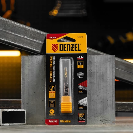 Сверло ступенчатое Denzel 723612,  4-5-6-7-8-9-10-11-12 мм, Р6М5К5, 6-гр. хвостовик купить в Магнитогорске