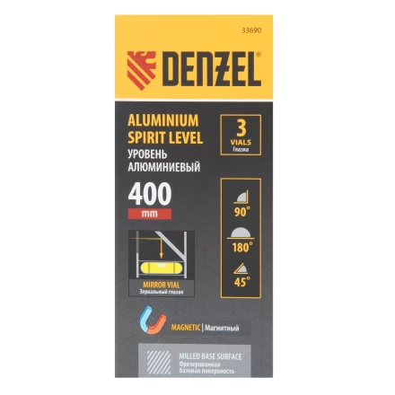 Уровень алюминиевый Denzel 33690, магнит., фрезерованный, 3 глазка (1 зеркал.), 0,5 мм/м, 400 мм купить в Магнитогорске