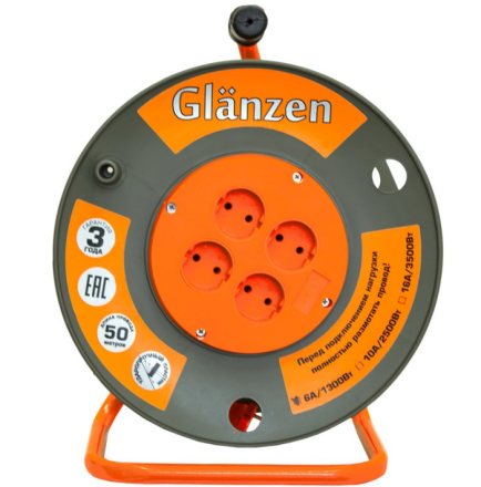 Удлинитель силовой на катушке GLANZEN 4 гн. ПВС 2х1,5 EB-50-006 купить в Магнитогорске