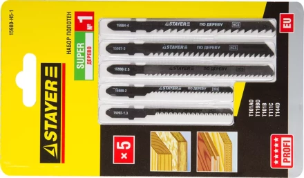 Набор STAYER &quot;PROFI&quot; Пилки &quot;УНИВЕРСАЛ №1&quot; для эл/лобзика, по дереву, EU-хвост., 5шт 15980-H5-1 купить в Магнитогорске
