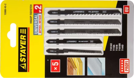 Набор STAYER &quot;PROFI&quot; Пилки &quot;УНИВЕРСАЛ №2&quot; для эл/лобзика, по дереву и металлу, EU-хвост., 5шт 15980-H5-2 купить в Магнитогорске