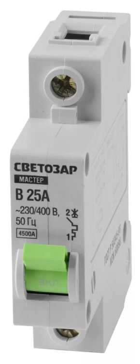 Выключатель СВЕТОЗАР автоматический, 1-полюсный, "B" (тип расцепления), 25 A, 230 / 400 В 49050-25-B купить в Магнитогорске