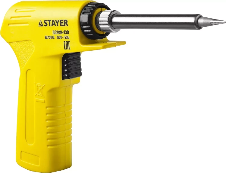 Паяльник с пистолетной пластмассовой рукояткой, STAYER "PROFI" PROTerm, 55308-130, 30 - 130 Вт, с керамическим нагревательным элементом 55308-130 купить в Магнитогорске