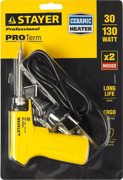 Паяльник с пистолетной пластмассовой рукояткой, STAYER "PROFI" PROTerm, 55308-130, 30 - 130 Вт, с керамическим нагревательным элементом 55308-130 купить в Магнитогорске