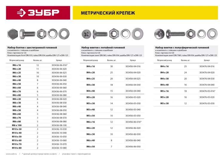 Болт (DIN933) в комплекте с гайкой (DIN934), шайбой (DIN125), шайбой пруж. (DIN127), M8 x 100 мм, 2 шт, ЗУБР 303436-08-100 купить в Магнитогорске