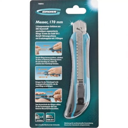 Нож 170 мм обрезин. ABS - корпус выдв.сегм.лезвие 18 мм SK-5 метал. напр-щая + 5 лезвий GROSS 78893 купить в Магнитогорске