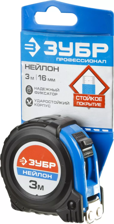 Рулетка ЗУБР "НЕЙЛОН", нейлоновое покрытие, упрочненное полотно, ударопрочный обрезиненный корпус, 3м/16мм 34056-03-16_z01 купить в Магнитогорске