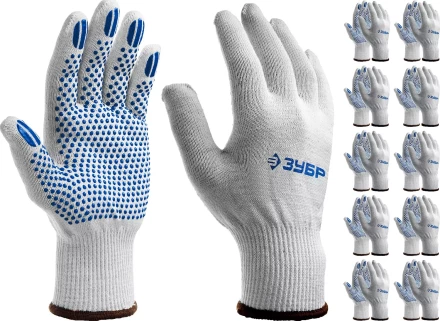 ЗУБР ТОЧКА+, L-XL, х/б перчатки с покрытием из ПВХ-геля, противоскользящие, точки увеличенного размера, 13 класс, 10 пар, Профессионал (11451-K10) купить в Магнитогорске