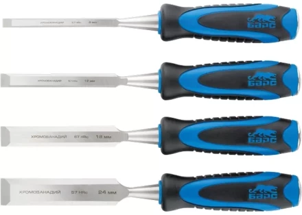 Набор долот-стамесок плоских 4шт 8-12-18-24 мм двухкомпонентная рукоятка металлический затыльник БАРС 24452 купить в Магнитогорске