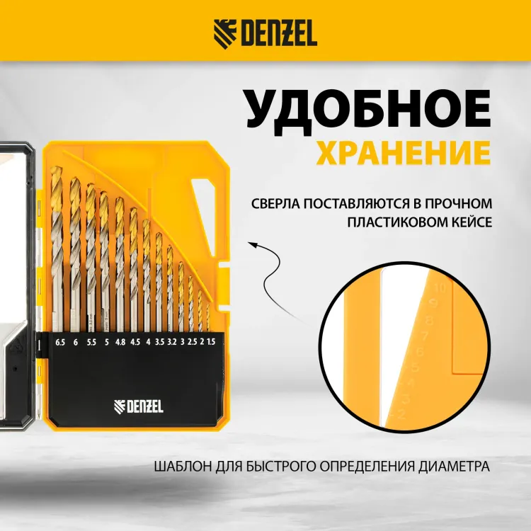 Набор сверл по металлу Denzel 723002, 1,5-6,5мм, Р6М5-TiN, Golden Tip, 13 шт купить в Магнитогорске