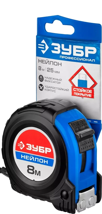 Рулетка ЗУБР "НЕЙЛОН", нейлоновое покрытие, упрочненное полотно, ударопрочный обрезиненный корпус, 8м/25мм 34056-08-25_z01 купить в Магнитогорске