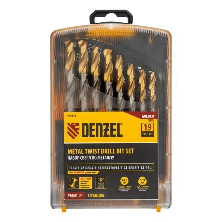 Набор сверл по металлу Denzel 723003, 1-10 мм, Р6М5-TiN, Golden Tip, 19 шт купить в Магнитогорске