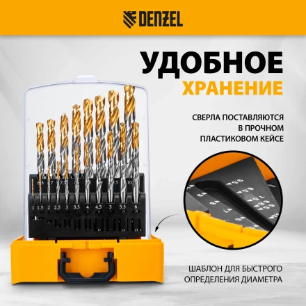 Набор сверл по металлу Denzel 723003, 1-10 мм, Р6М5-TiN, Golden Tip, 19 шт купить в Магнитогорске