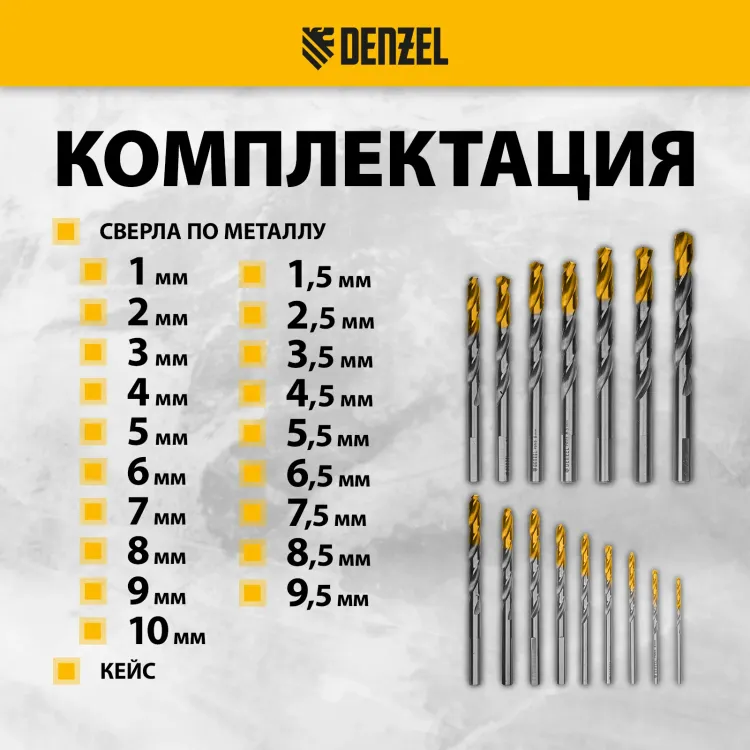 Набор сверл по металлу Denzel 723003, 1-10 мм, Р6М5-TiN, Golden Tip, 19 шт купить в Магнитогорске