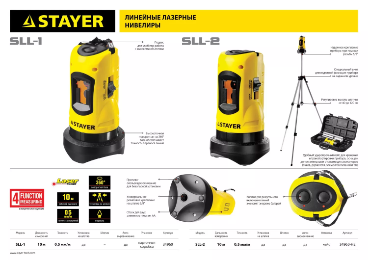 Нивелир лазерный линейный SLL-2, STAYER 34960-H2, штатив, кейс, 10м, точн. +/-0,5 мм/м 34960-H2 купить в Магнитогорске
