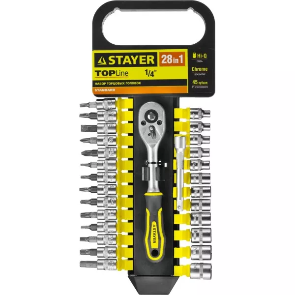 Набор STAYER "STANDARD": Торцовые головки, биты-головки (1/4") на пластик рельсе, трещотка, удл-тель, 4-13мм, 28 пр. 27754-H28 купить в Магнитогорске