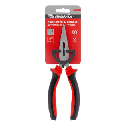 Длинногубцы прямые Matrix, 160 мм, хром-ванадий, двухкомпонентные рукоятки, 17309 купить в Магнитогорске
