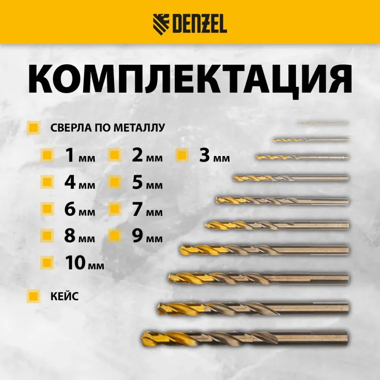 Набор сверл по металлу Denzel, 1-10 мм, Р6М5К8-TiN, Golden Tip, 10 шт 723005 купить в Магнитогорске