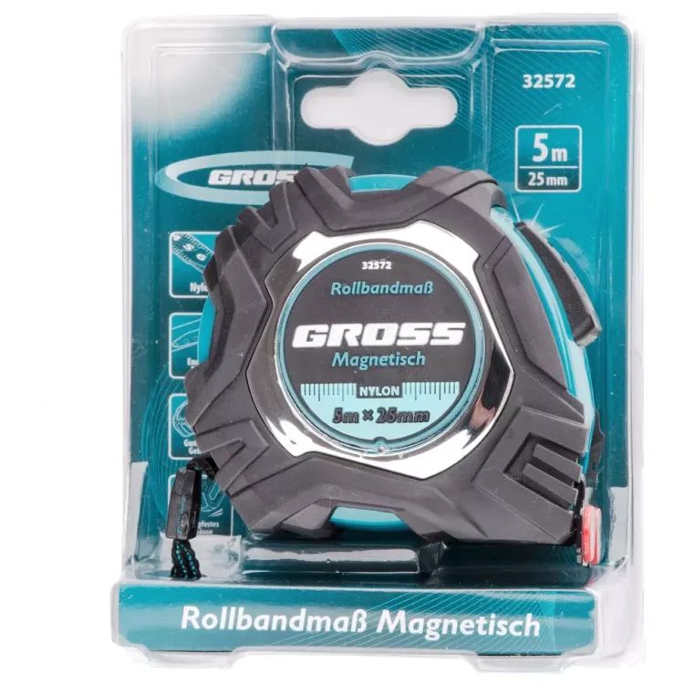 Рулетка Magnetisch 5 м х 25 мм обрезиненный корпус автоматическая фиксация Нейлоновое покрытиеытие зацеп с магнитом Gross 32572 купить в Магнитогорске
