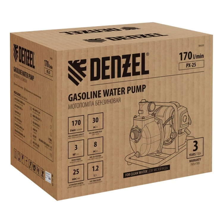 Мотопомпа бензиновая для чистой воды Denzel PX-25, 52 см3, 1", 170 л/мин, глуб 8 м, напор 30 м 99205 купить в Магнитогорске