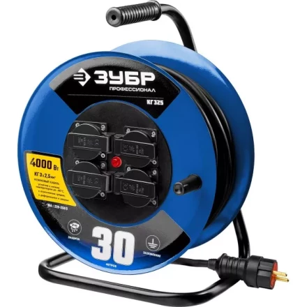 Удлинитель на катушке &quot;КГ 325&quot;, 30 м, 4000 Вт, 4 гнезда, IP44, КГ 3х2,5 кв мм, ЗУБР 55079-30 купить в Магнитогорске