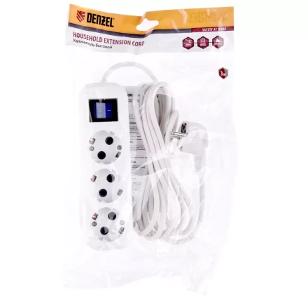 Удлинитель бытовой с заземлением и выключателем 3 м 3 розетки 10 A серия УХз10 Denzel 95971 купить в Магнитогорске