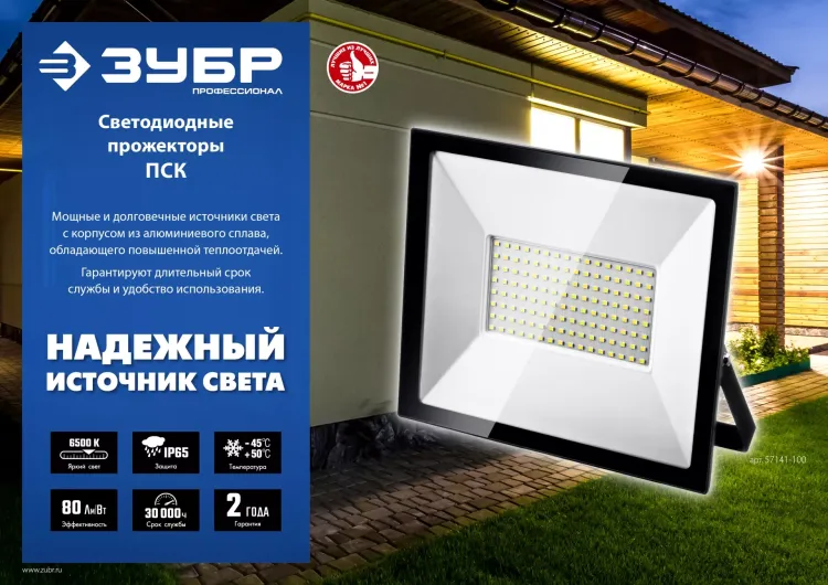 ЗУБР ПСК-50, 50 Вт, 6500 К, IP 65, светодиодный прожектор, Профессионал (57141-50) купить в Магнитогорске