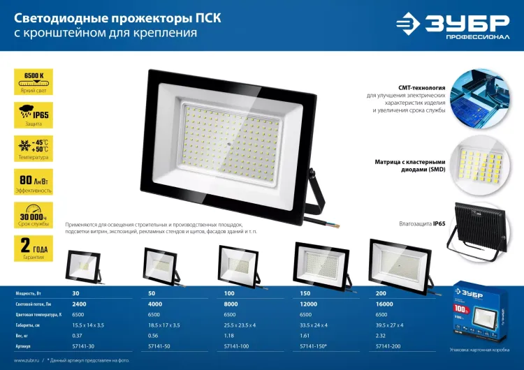 ЗУБР ПСК-50, 50 Вт, 6500 К, IP 65, светодиодный прожектор, Профессионал (57141-50) купить в Магнитогорске