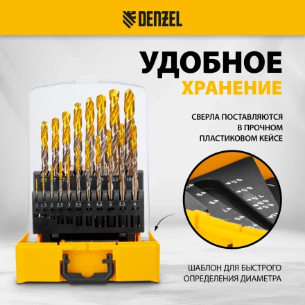 Набор сверл по металлу Denzel 723008, 1-10 мм, Р6М5К8-TiN, Golden Tip, 19 шт купить в Магнитогорске
