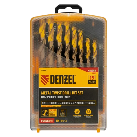 Набор сверл по металлу Denzel 723008, 1-10 мм, Р6М5К8-TiN, Golden Tip, 19 шт купить в Магнитогорске