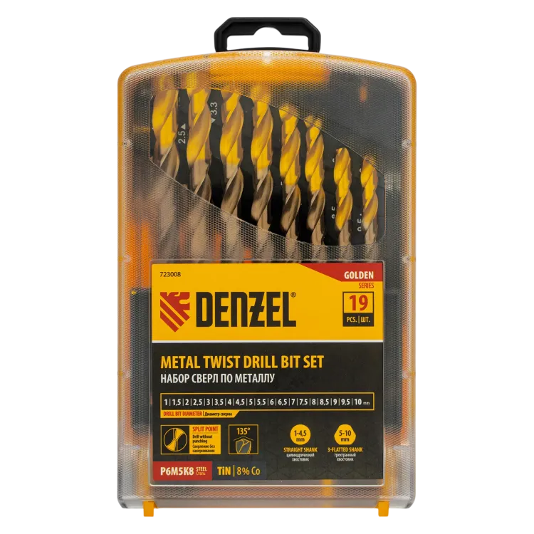 Набор сверл по металлу Denzel 723008, 1-10 мм, Р6М5К8-TiN, Golden Tip, 19 шт купить в Магнитогорске