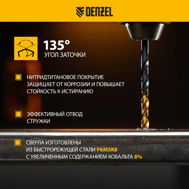 Набор сверл по металлу Denzel 723008, 1-10 мм, Р6М5К8-TiN, Golden Tip, 19 шт купить в Магнитогорске