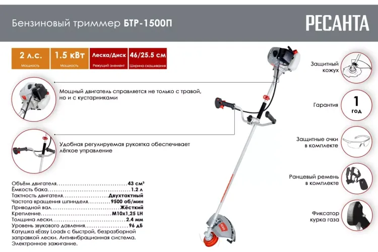Триммер бензиновый Ресанта БТР-1500П 70/2/37 купить в Магнитогорске