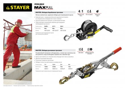 Лебедка STAYER &quot;MAXPull&quot; рычажная, тросовая, 4т/3м 4310-4 купить в Магнитогорске