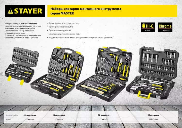 Набор слесарно-монтажного инструмента STAYER "MASTER", 72 предмета 27760-H72 купить в Магнитогорске