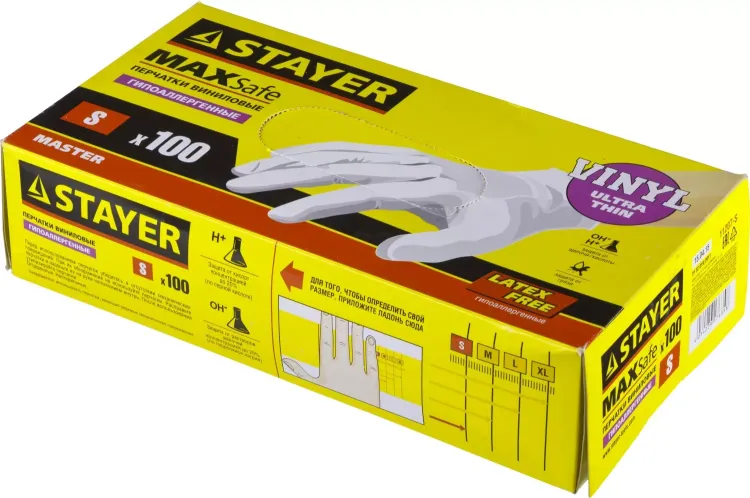 Перчатки STAYER "MASTER" виниловые экстратонкие, S, 100шт 11207-S купить в Магнитогорске