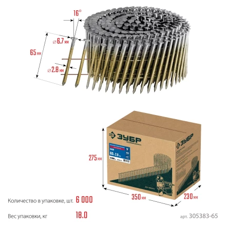 ЗУБР CNW 65 х 2.8 мм, барабанные гвозди рифленые оцинкованные, 6000 шт (305383-65) купить в Магнитогорске