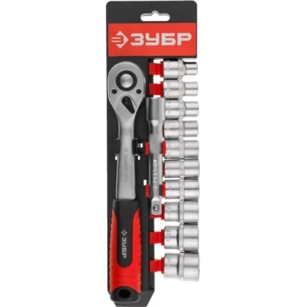 Набор ЗУБР &quot;МАСТЕР&quot;: Торцовые головки (1/2&quot;) на пластиковом рельсе, трещотка, удлинитель, Cr-V, 10-24мм, 12 предметов 27647-H12 купить в Магнитогорске