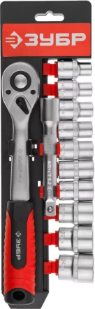 Набор ЗУБР &quot;МАСТЕР&quot;: Торцовые головки (1/2&quot;) на пластиковом рельсе, трещотка, удлинитель, Cr-V, 10-24мм, 12 предметов 27647-H12 купить в Магнитогорске