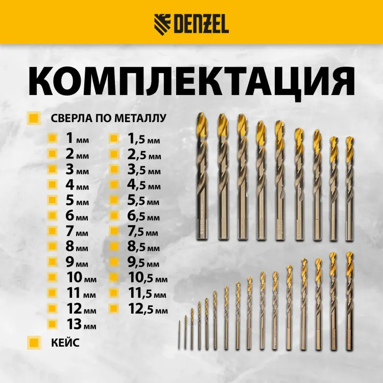 Набор сверл по металлу Denzel 723010, 1-13 мм, Р6М5К8-TiN, Golden Tip, 25 шт купить в Магнитогорске