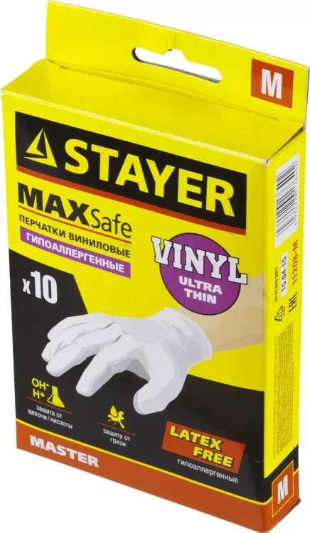 Перчатки STAYER "MASTER" виниловые экстратонкие, M, 10шт 11208-M купить в Магнитогорске