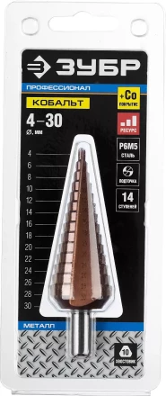 Сверло ЗУБР &quot;КОБАЛЬТ&quot; ступен. по сталям, цв.мет.ст.Р6М5 с кобальт.покрыт.d4-30 мм,14ст.d4-30, L-100мм, трехгр.хв. 10мм 29672-4-30-14 купить в Магнитогорске