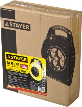 Удлинитель на катушке &quot;MX100T&quot;, 10 м, 4 гнезда, ПВС 2x0,75 кв мм, 1300 Вт, STAYER 55071-10 купить в Магнитогорске